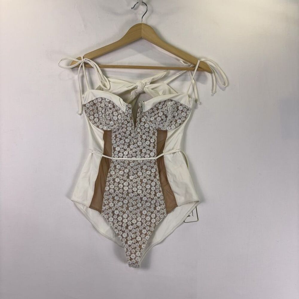 For Love And Lemons White Floral One-Piece Swimsuit with Tan Panels